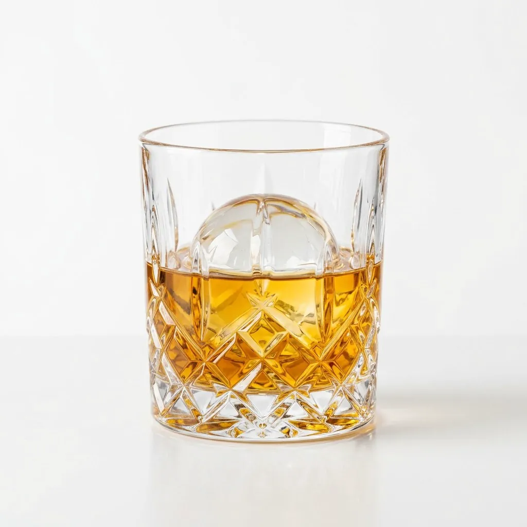 320 ml. Height 95 mm. One ice sphere.